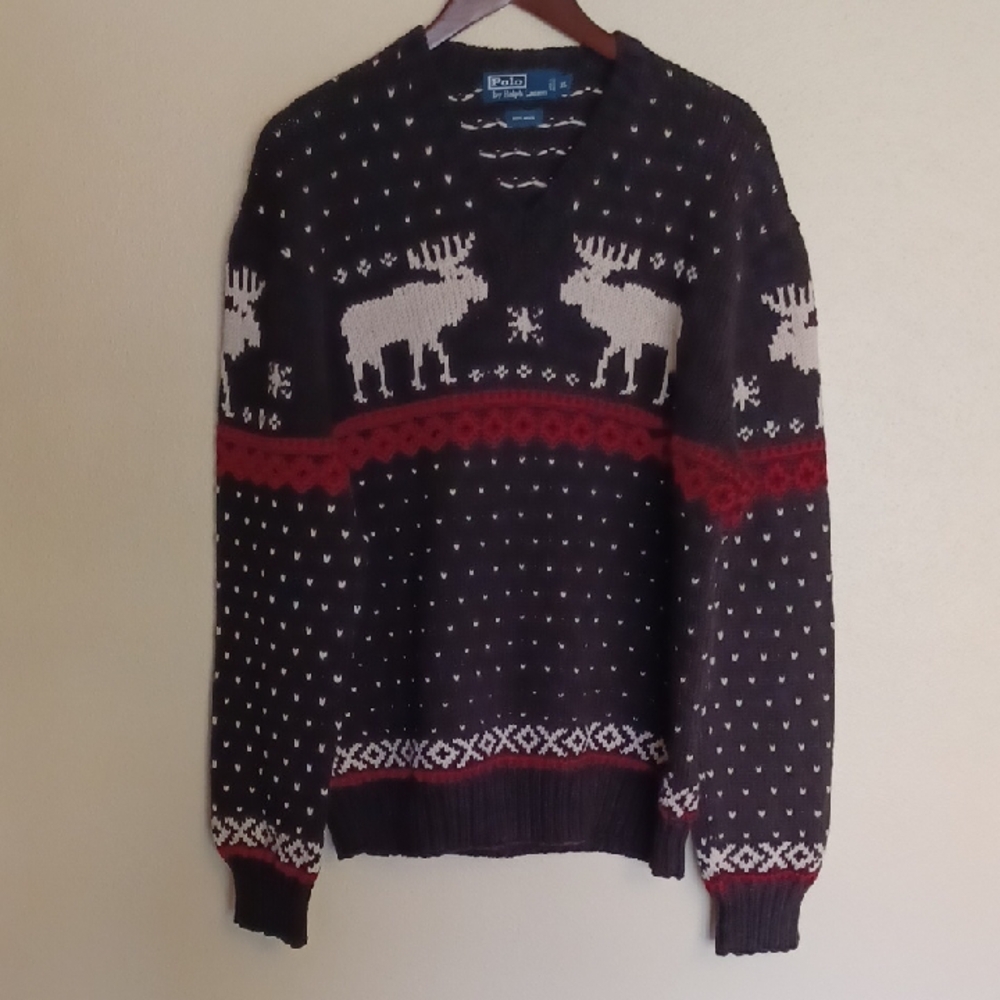 Vintage Polo Ralph Lauren Fair Isle Handknit Moose Sweater Wool Nordic Chunky XL